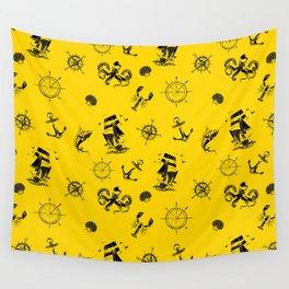 Yellow And Blue Silhouettes Of Vintage Nautical Pattern Wall Tapestry