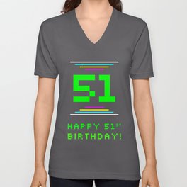 [ Thumbnail: 51st Birthday - Nerdy Geeky Pixelated 8-Bit Computing Graphics Inspired Look V Neck T Shirt V-Neck T-Shirt ]