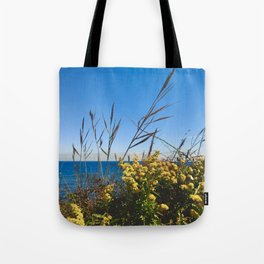 Yellow Flowers on the Shore (plants, ocean, beach, nature, peaceful, rhode island, photography) Tote Bag