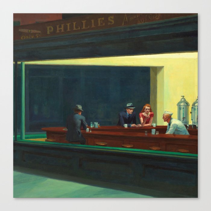 Portrait version NIGHTHAWKS downtown diner late at night iconic cityscape painting by Edward Hopper Canvas Print