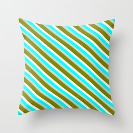 [ Thumbnail: Eye-catching Green, Mint Cream, Aqua, Powder Blue, and Goldenrod Colored Striped/Lined Pattern Throw Pillow ]
