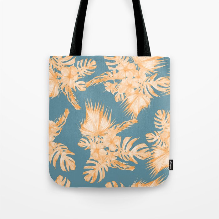 Hawaiian Hibiscus Palm Orange Teal Blue Tote Bag