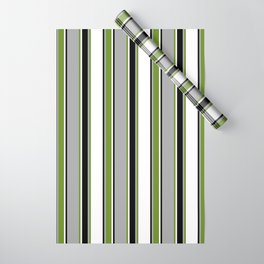 [ Thumbnail: Dark Gray, Green, White & Black Colored Lines/Stripes Pattern Wrapping Paper ]