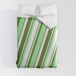 [ Thumbnail: Dark Olive Green, Light Green, and Mint Cream Colored Lines Pattern Duvet Cover ]
