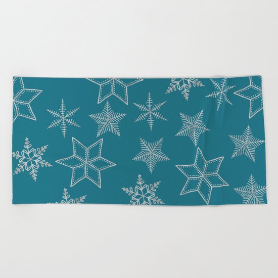 Silver Snowfakes On Teal Background Beach Towel