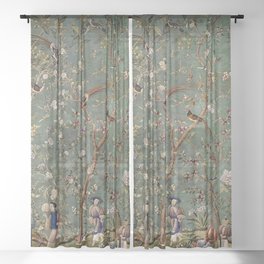 Antique Hand Painted Chinoiserie Botanical Flower Garden  Sheer Curtain
