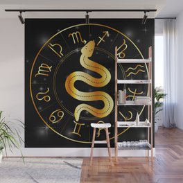 Zodiac symbols astrology signs with mystic serpentine in gold Wall Mural