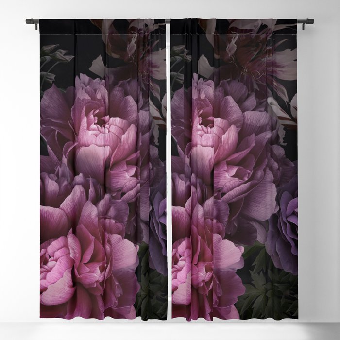 Vintage Floral Card Beautiful Garden Flowers. Peonies, Roses, Tulips Leaves, Decorative Herbs on Black Background.  Blackout Curtain