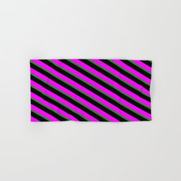 [ Thumbnail: Fuchsia, Forest Green, and Black Colored Pattern of Stripes Hand & Bath Towel ]