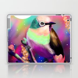 Colorful Bird Illustration on Flowered Tree with Crescent Moon and Stars and Vibrant Prismatic Sky Laptop Skin