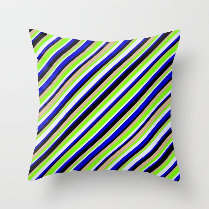 Eye-catching Green, Lavender, Blue, Black, and Tan Colored Lined/Striped Pattern Throw Pillow
