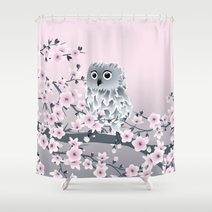 Cute Owl And Cherry Blossoms Pink Gray, Pink Black And Grey Shower Curtain