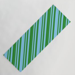 [ Thumbnail: Light Sky Blue and Forest Green Colored Lines/Stripes Pattern Yoga Mat ]