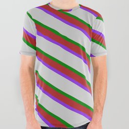 [ Thumbnail: Red, Purple, Light Grey & Green Colored Lines Pattern All Over Graphic Tee ]