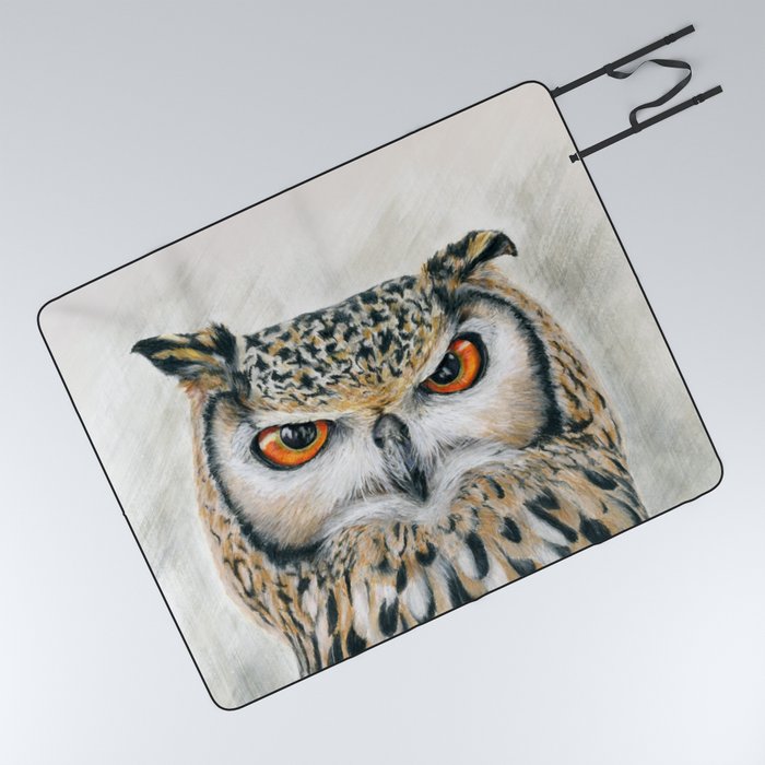 Suspicious eagle-owl with orange eyes Picnic Blanket