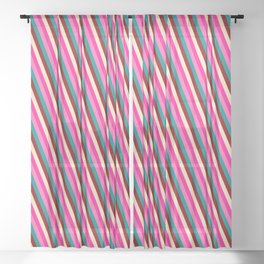 [ Thumbnail: Eyecatching Deep Pink, Hot Pink, Dark Cyan, Maroon & Bisque Colored Striped/Lined Pattern Sheer Curtain ]