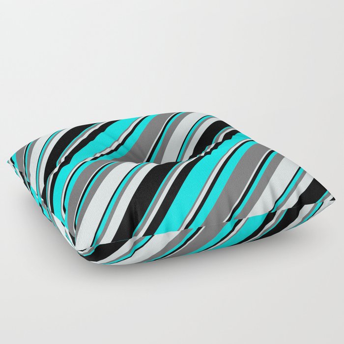 Aqua, Dim Gray, Light Cyan & Black Colored Lines/Stripes Pattern Floor Pillow