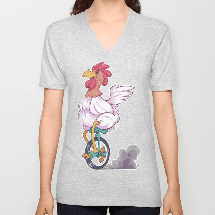 Cartoon Chicken Unicycle V Neck T Shirt