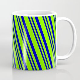 [ Thumbnail: Chartreuse & Blue Colored Lined Pattern Coffee Mug ]