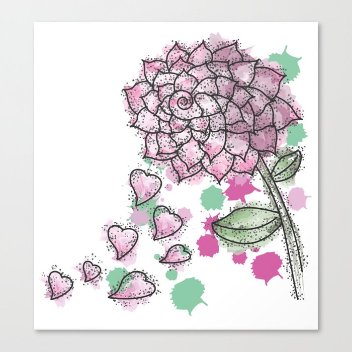 Rose Flower, Heart Shaped Leaves Falling, Watercolor  Canvas Print