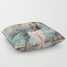 Hans Zatzka - Allegorical painting of two cherubs and a maiden in a classical landscape. Floor Pillow