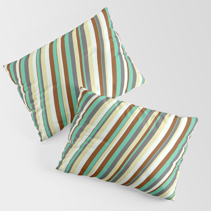Vibrant Aquamarine, Dim Grey, Pale Goldenrod, Mint Cream, and Brown Colored Lined Pattern Pillow Sham
