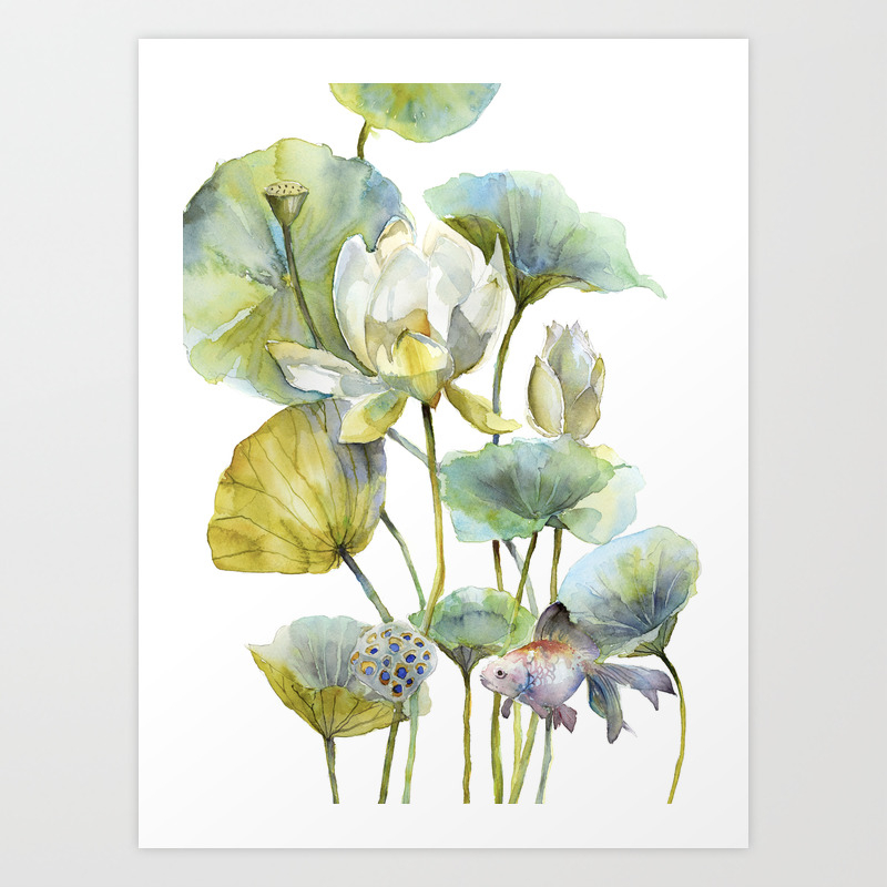 Lotus Plant And Fish Zen Design Watercolor Muted Pallet Botanical Art Art Print By Violettaboya Society6