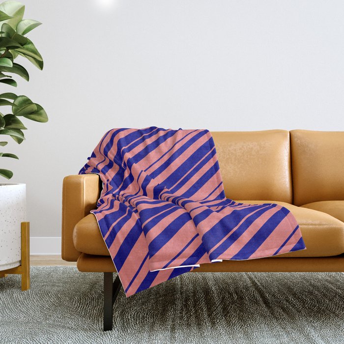 Blue and Light Coral Colored Lined Pattern Throw Blanket