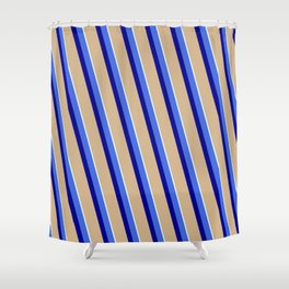 [ Thumbnail: Royal Blue, Dark Blue, Tan & Light Cyan Colored Stripes/Lines Pattern Shower Curtain ]