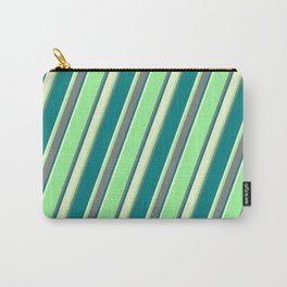 [ Thumbnail: Green, Grey, Teal & Light Yellow Colored Striped Pattern Carry-All Pouch ]