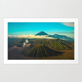 Mount Bromo volcano, tropical Tengger mountain range, East Java, Indonesia with the Mount Semeru, Batok-Widodaren, and Tengger Calderas color photograph landscape Art Print
