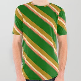 [ Thumbnail: Eyecatching Dark Green, Dark Goldenrod, Beige, Coral & Dark Olive Green Colored Lined Pattern All Over Graphic Tee ]
