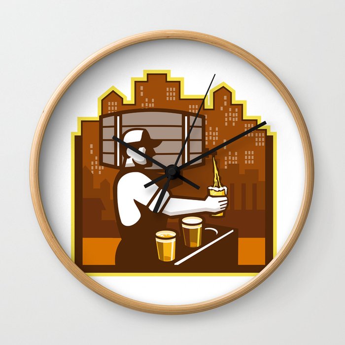 Bartender Pouring Beer Keg Cityscape Retro Wall Clock