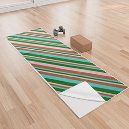 [ Thumbnail: Turquoise, Dark Green, Pink, and Sienna Colored Lines Pattern Yoga Towel ]