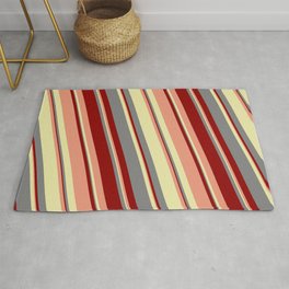 [ Thumbnail: Grey, Dark Red, Dark Salmon, and Pale Goldenrod Colored Striped Pattern Rug ]