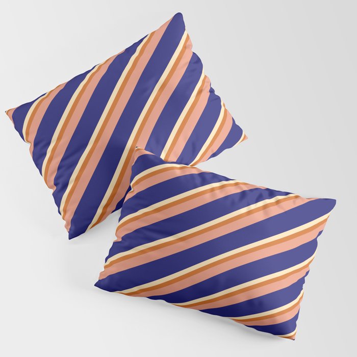 Beige, Chocolate, Dark Salmon, and Midnight Blue Colored Pattern of Stripes Pillow Sham