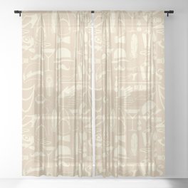 White Fashion 1920s Vintage Pattern on Antique Beige Sheer Curtain