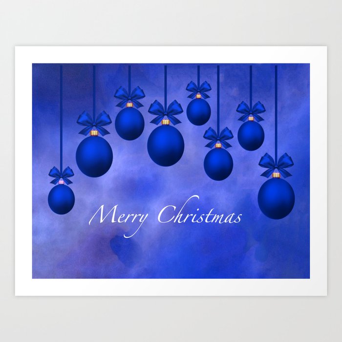 Merry Christmas Ornaments Bows And Ribbons Blue Art Print By