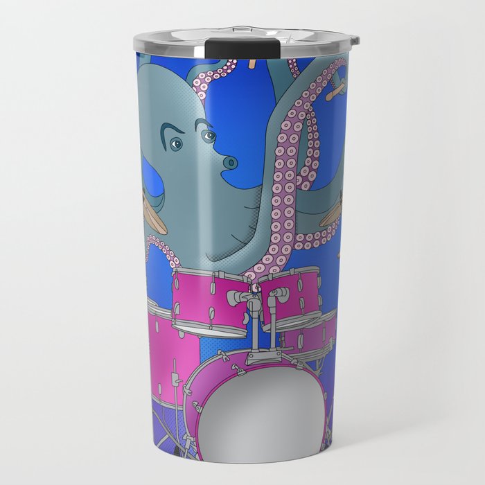 Octopus Playing Drums - Blue Travel Mug