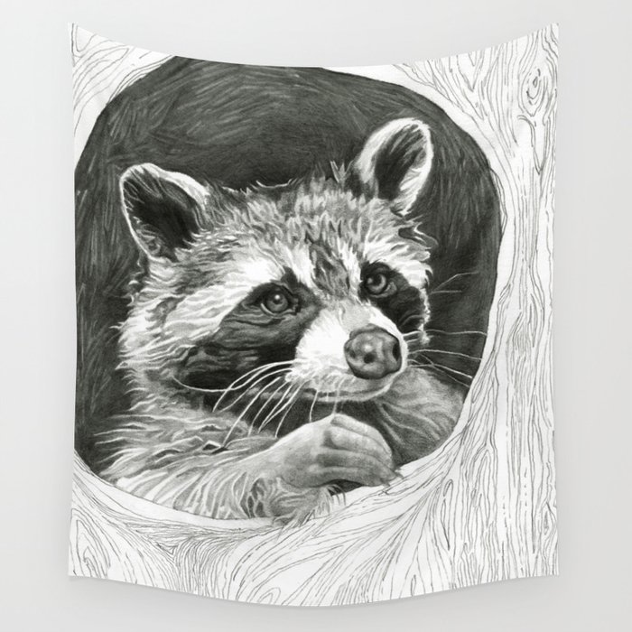 Raccoon In A Hollow Tree Drawing Wall Tapestry