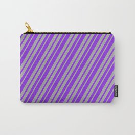 [ Thumbnail: Purple & Dark Gray Colored Lined Pattern Carry-All Pouch ]