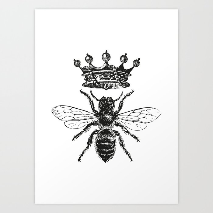 Queen Bee No. 1 | Vintage Bee with Crown | Black and White | Art Print
