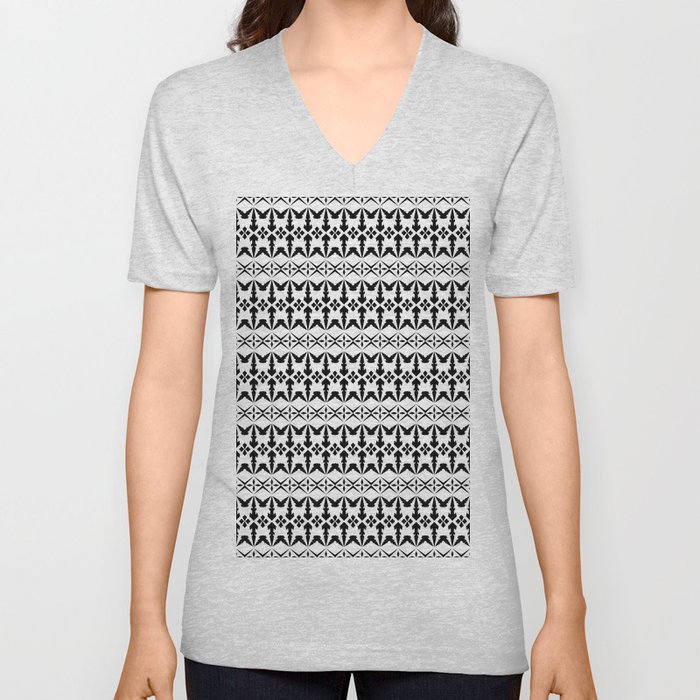 Seamless abstract ethnic pattern vintage. Design horizontal shape black on white background.  V Neck T Shirt