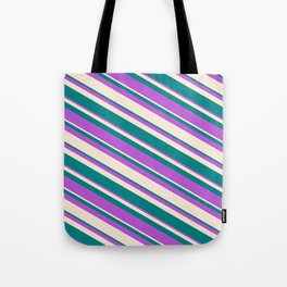 [ Thumbnail: Orchid, Beige & Teal Colored Lines Pattern Tote Bag ]