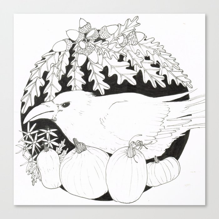 Crow with Pumpkins and Oak Canvas Print