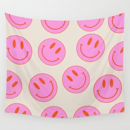 Keep Smiling! - Large Pink and Beige Smiley Face Pattern Wall Tapestry