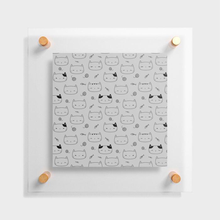 Light Grey and Black Doodle Kitten Faces Pattern Floating Acrylic Print