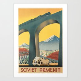 "Soviet Armenia" Antique Travel Poster | vintage, russian, armenian, railway, train, automobile, landscape, typography, tourism, ad, retro, sunset, mountains, aural  Art Print