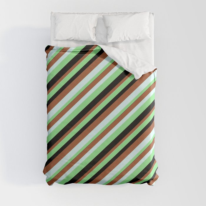 Light Green, Black, Sienna, and Light Cyan Colored Lined Pattern Duvet Cover