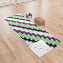 [ Thumbnail: Light Green, Purple, Mint Cream & Black Colored Lines Pattern Yoga Towel ]